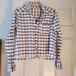 Hollister Black White Plaid Raw Hem Button Down Cropped Shirt Size SMALL